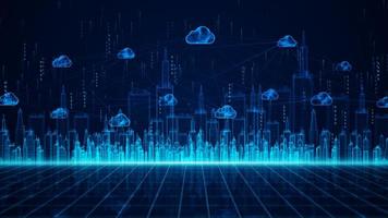 Digital City and cloud computing using artificial intelligence, 5g high-speed connection data analysis. Digital data network connections and global communication background. photo