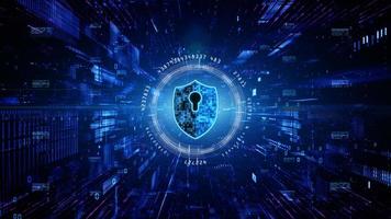 icono de hud y escudo de seguridad cibernética. protección de la red de datos digitales. análisis de datos de conexión de alta velocidad. transporte de red de código binario de datos de tecnología. concepto de fondo de tecnología futura. foto