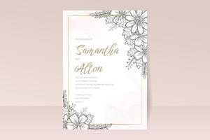 Wedding invitation template with floral outline decoration vector