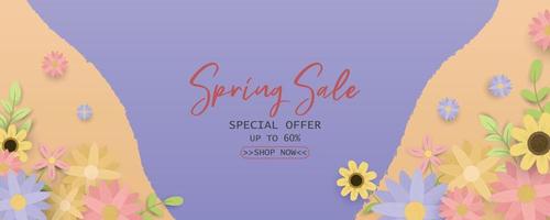 Spring horizontal sale banner in paper style vector