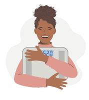 Healthy lifestyle, diet, weight loss concept. Young African-American woman holds a scale in her hands, and feels confident, having lost weight and having found an ideal body shape vector