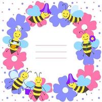 Frame with funny bees and flowers vector