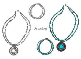 Ethnic women's jewelry made of blue beads, necklace and bracelet vector