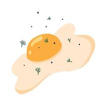 Vector illustration of scrambled eggs with greens. Cute egg breakfast. Omelet with greens.