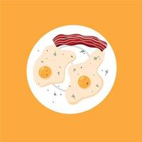 Vector illustration of fried eggs with greens and bacon. Omelet on a plate. breakfast concept.