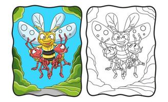 ilustración de dibujos animados abejas voladoras llevan 2 hormigas libro para colorear o página para niños vector