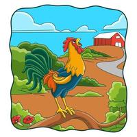 cartoon illustration the rooster crows on the tree trunk vector