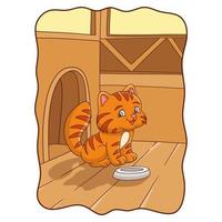 cartoon illustration cat is getting ready to eat with his plate vector