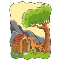 cartoon illustration a dog is guarding in front of his house vector