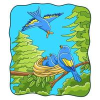 cartoon illustration Birds bring food to their nests vector