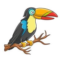cartoon illustration toucan perched on a tree trunk vector