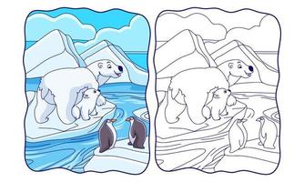 cartoon illustration bears and penguins are on an ice cube book or page for kids vector
