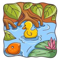 cartoon illustration swimming duck vector