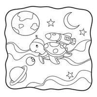 cartoon illustration turtle flying on rocket coloring book or page for kids black and white vector