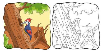 cartoon illustration woodpecker pecks a big tree trunk book or page for kids vector