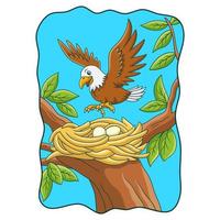 cartoon illustration the eagle perched on its nest in the tree vector