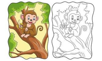 mono de ilustración de dibujos animados comiendo plátano en el libro o página del árbol para niños