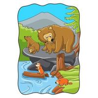 cartoon illustration bear with cub on a big rock vector