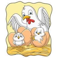 cartoon illustration hen who is incubating her eggs vector