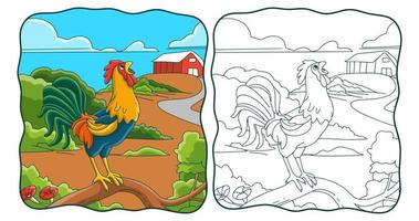 cartoon illustration the rooster crows on the tree trunk book or page for kids vector