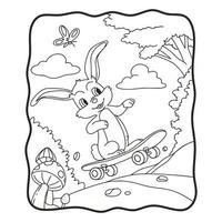 cartoon illustration rabbit skateboarding coloring book or page for kids black and white vector