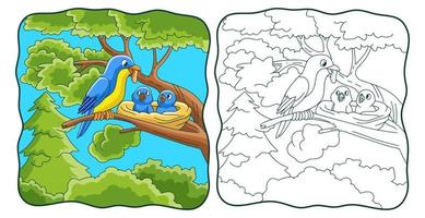 ilustración de dibujos animados pájaros traen comida y se posan en árboles libro o página para niños