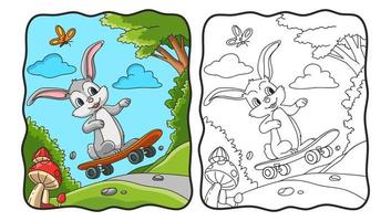 cartoon illustration rabbit skateboarding coloring book or page for kids
