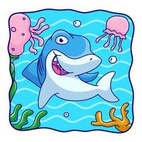 cartoon illustration sharks and jellyfish swimming vector