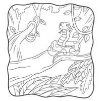 ilustración de dibujos animados la serpiente está en el libro o página del árbol para niños en blanco y negro vector