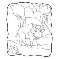 cartoon illustration wild boar walking in the forest book or page for kids black and white vector