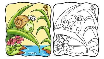 cartoon illustration snail walking on tree leaves coloring book or page for kids black and white vector