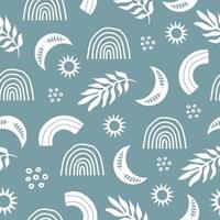 Cute seamless pattern with white plants, stars, rainbow and moon on light blue background. Bohemian pattern for wallpaper, textile, fabric, interior design. Modern vector illustration