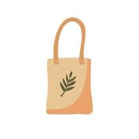 Trendy cartoon eco bag with leaves on white background. Reuseble eco shopper. Vector illustration