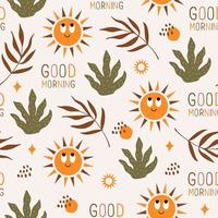 Trendy seamless pattern with smiling sun, leaves and lettering on pastel background. Bohemian pattern for wallpaper, textile, fabric, interior design. Modern vector illustration.