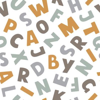 Vector seamless pattern with colorful english alphabet in flat style on a white background. Modern haotic design.
