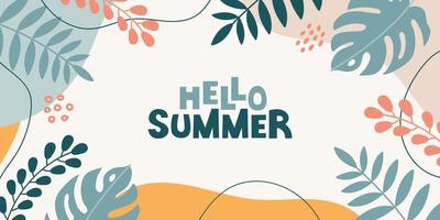 Hello summer colorful banner background with tropical leaves, flowers and lettering on white background. Modern summer design. Vector illustration
