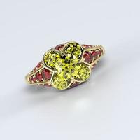 flower ring in yellow gold with yellow diamond and ruby 3d render photo