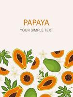 Exotic papaya fruit card design on pastel background. Organic summer fruit. Trendy colorful vector design with place for text.