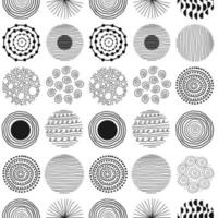 Modern abstract seamless pattern with black round shapes of lines, circles, drops on white background. Vector hand drawn illustration