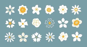 conjunto vectorial de pétalos de flores blancas simples dibujados a mano aislados en fondo azul. colección de plantas de cabeza de flor redonda de elegancia. diseño de moda para logotipo, impresión, afiche, medios sociales vector