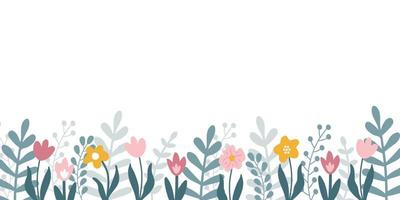 Vector floral horizontal banner with hand drawn flowers and leaves and copy space for text on white background.