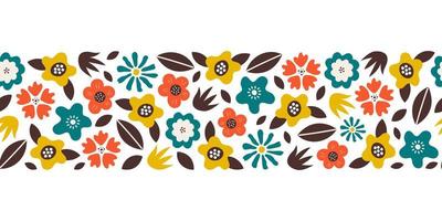 Modern seamless floral border with multicolored flowers and leaves on white background. Simple abstract summer design. Vector illustration