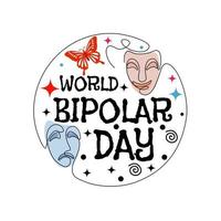 Design for world bipolar day, Bipolar disorder mental health thoughts connection, happy and sad faces, continuous line drawing. vector