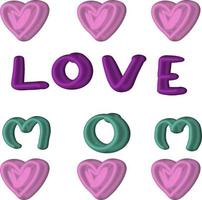 Mother day decorative heart text say love lettering drawing font illustration, vector isolated on white background. Letter holiday graphic design for greeting happy message alphabet pink, magenta.