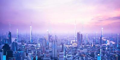 Digital technology modern city network in cyber punk theme color concept photo