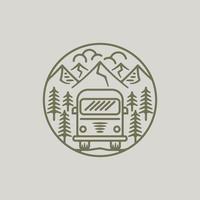 Mountain and Camper van in line art style. Badge of summer camping holiday symbol for adventure, wanderlust. Adventure symbol in line style, monoline vector