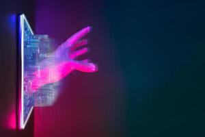 teléfono móvil con holograma de mano de inteligencia artificial para tecnología futura en el tema cyberpunk