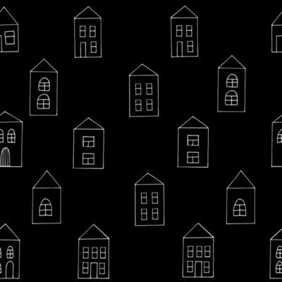 houses seamless pattern. hand drawn in doodle style. vector, scandinavian, nordic, minimalism, monochrome. building, street textiles wrapping paper wallpaper background