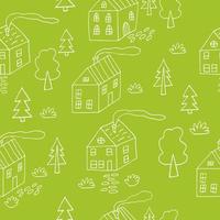 houses and trees seamless pattern. city street illustration hand drawn in doodle line art style vector