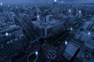 Sapporo cityscape business district area on internet spot network concept. photo